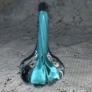 Blown glass Vintage Art Glass Aqua Ring Holder Paperweight w/ teardrop Stem
